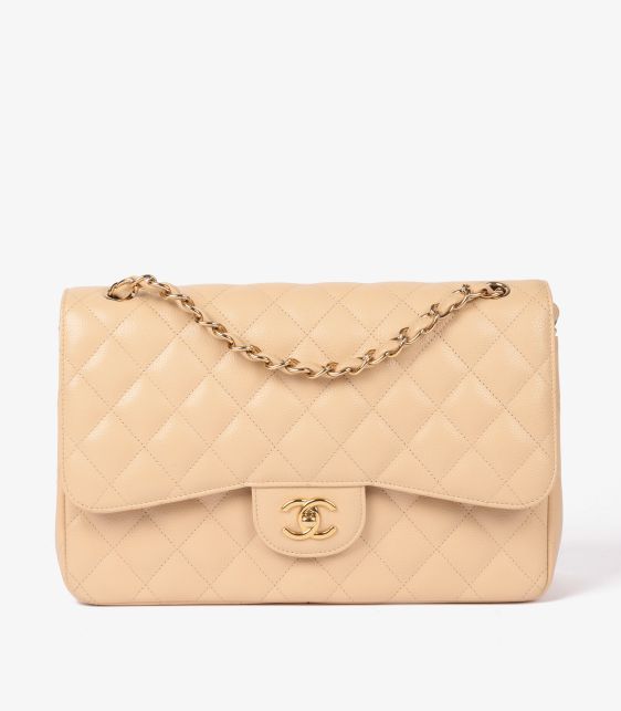 Beige Caviar Leather Jumbo Classic Double Flap Bag