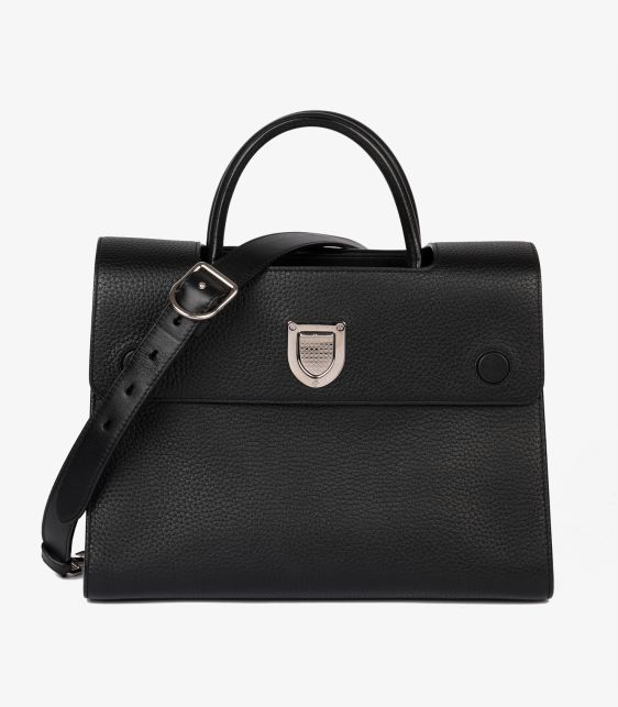 Black Grained Calfskin Leather Diorever Flap Tote