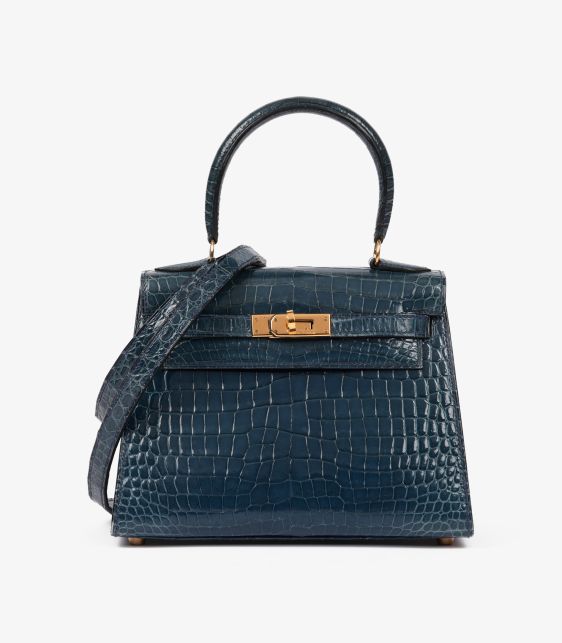 Blue Tempete Shiny Porosus Crocodile Leather Vintage Kelly 20cm Sellier