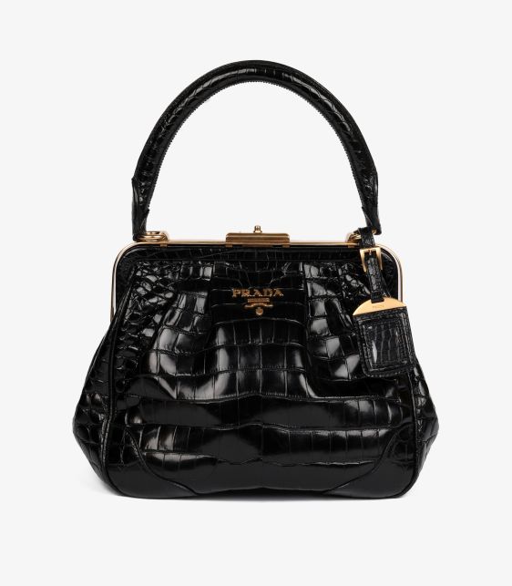 Black Shiny Crocodile Leather Vintage Large Frame Top Handle