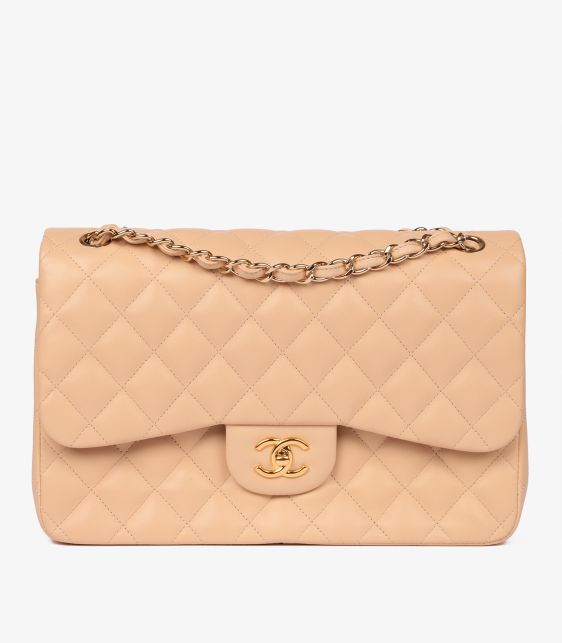 Beige Lambskin Leather Jumbo Classic Double Flap Bag