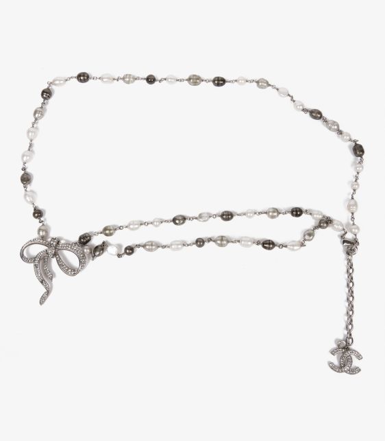 Chanel Silver Tone Metal Faux Pearl & Crystal Bow Chain Belt at Xupes