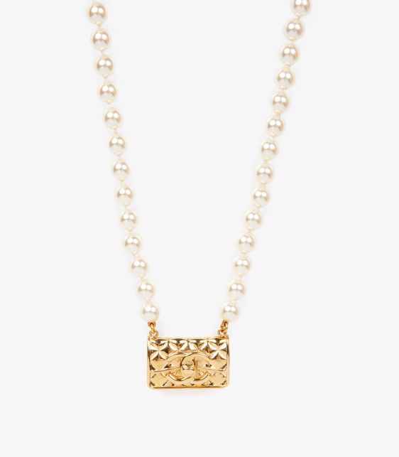 Chanel Faux Pearl Gold Tone Quilted Flap Bag Necklace at Xupes