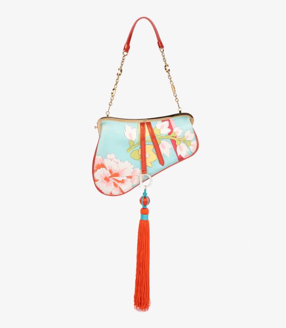 Christian Dior Light Blue Floral Silk & Red Patent Leather Vintage Tassel Mini Saddle Bag at Xupes
