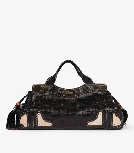 Gucci Black Matte Alligator Leather Large Tassle Race Tote at Xupes