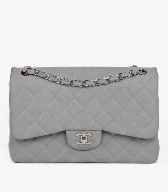 Chanel Grey Quilted Caviar Suede Jumbo Classic Double Flap Bag at Xupes