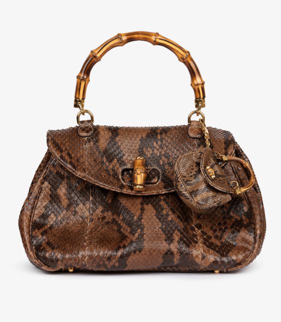 Brown Python Leather Vintage Large Classic Bamboo Top Handle with Micro Charm