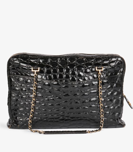 Black Shiny Crocodile Leather Vintage Camera Bag