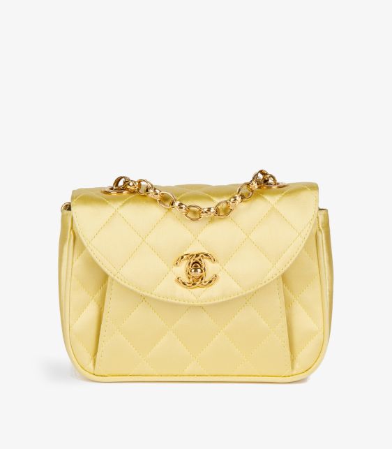 Yellow Quilted Satin Vintage Mini Flap Bag