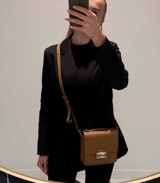 Caramel Saffiano Lux Leather Small Sound Crossbody Bag