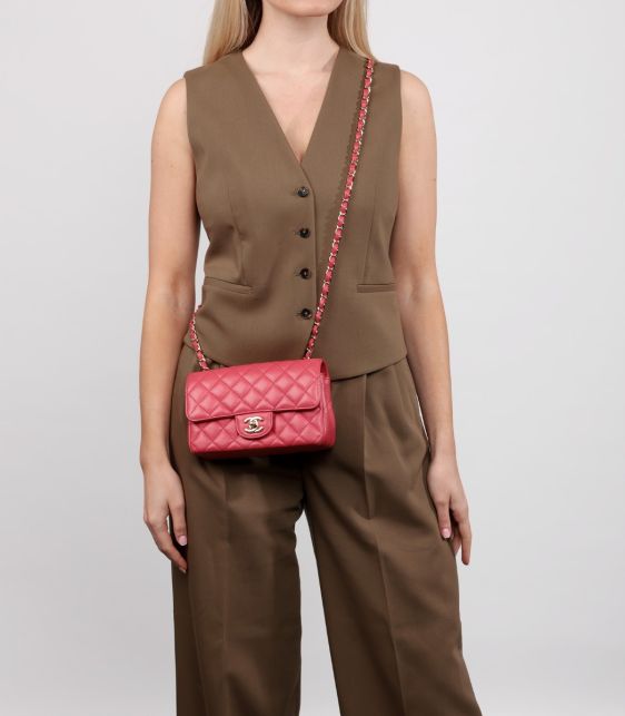 Dark Pink Quilted Caviar Leather Rectangular Mini Flap Bag