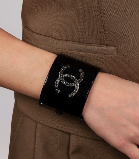 Silver Tone Black Resin & Textured Metal Wide CC Cuff Bracelet
