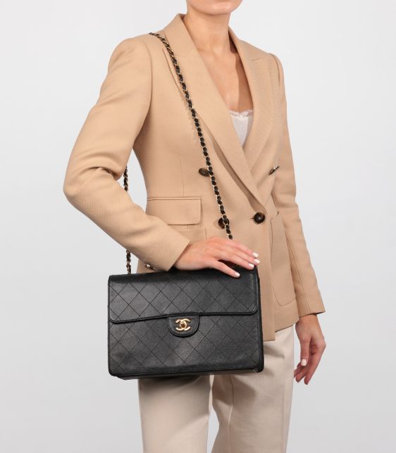 Black Quilted Caviar Leather Vintage Jumbo Classic Single Flap Bag
