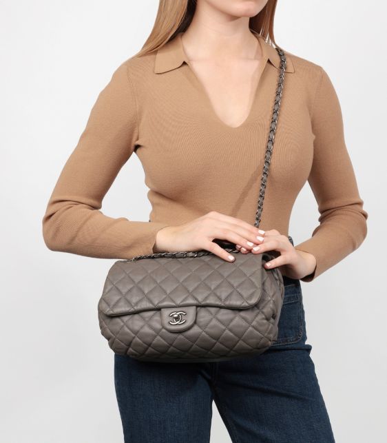 Grey Quilted Lambskin Classic Single Flap Bag