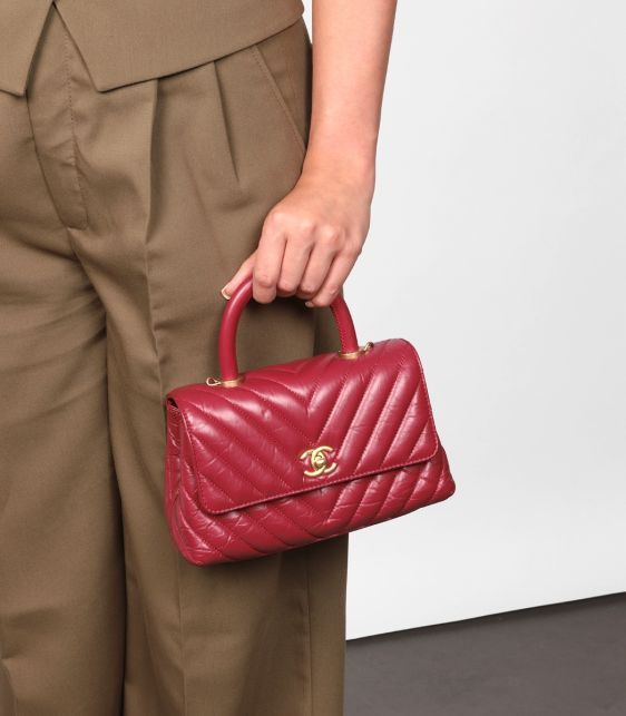 Red Chevron Aged Calfskin Leather Small Coco Top Handle