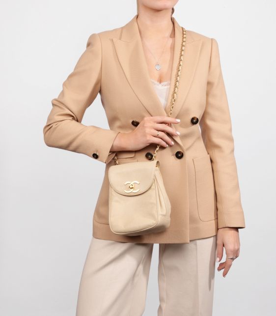 Beige Caviar Leather Vintage XL Classic Single Flap Bag