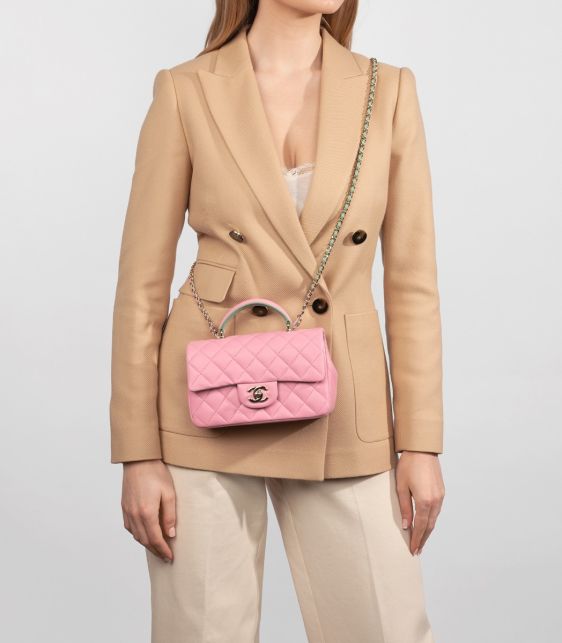 Pink & Green Quilted Lambskin Rectangular Mini Flap Bag with Top Handle