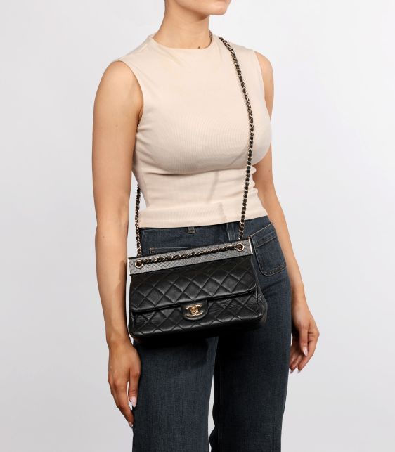 Black Lambskin & Snakeskin Leather Medium Frame Classic Single Flap Bag