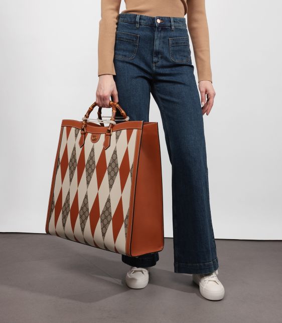 Brown, White & GG Supreme Coated Canvas Patchwork, Brown Calfskin Leather Maxi Diana