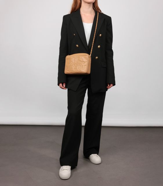 Beige Quilted Caviar Leather Vintage Small Triple Logo Camera Bag