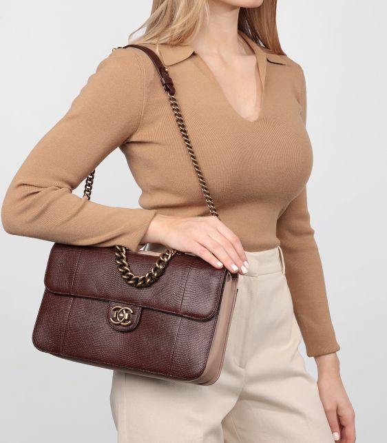 Burgundy Lizard Leather & Dusky Pink Quilted Lambskin Large Perfect Edge Classic Single Flap Bag