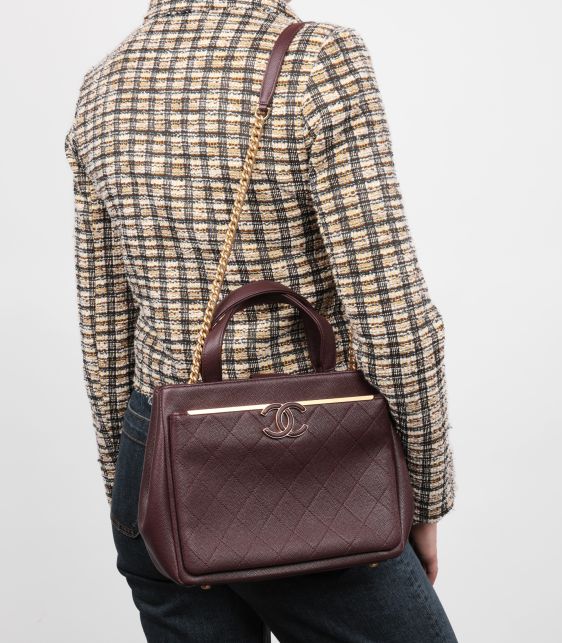 Burgundy Quilted Caviar Leather Framed Business Affinity Shoulder Tote