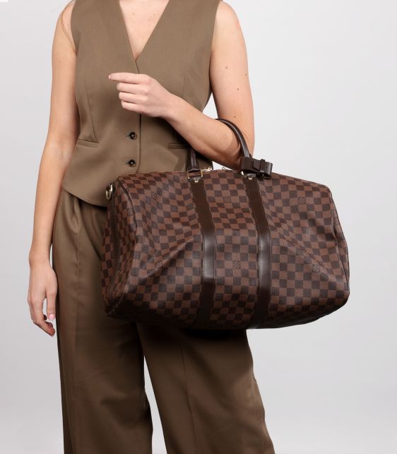 Damier Ebene Coated Canvas & Calfskin Leather Keepall 45 Bandoulière
