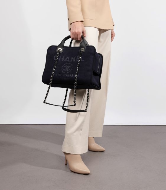 Navy Canvas & Black Calfskin Leather Deauville Bowling Bag