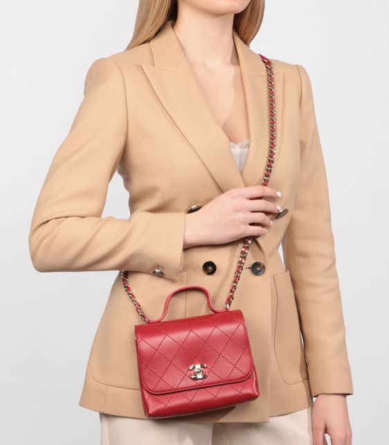 Red Quilted Lambskin Small Double Pocket Top Handle Flap Bag