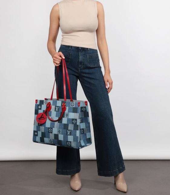 Blue Damier Patchwork Denim & Red Calfskin Leather Onthego GM