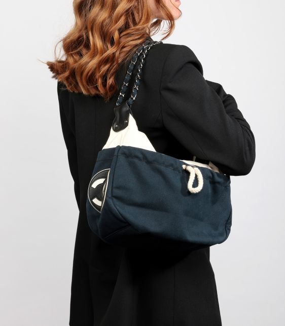 Navy, Beige Canvas & Black Quilted Lambskin Cruise Timeless Hobo Bag