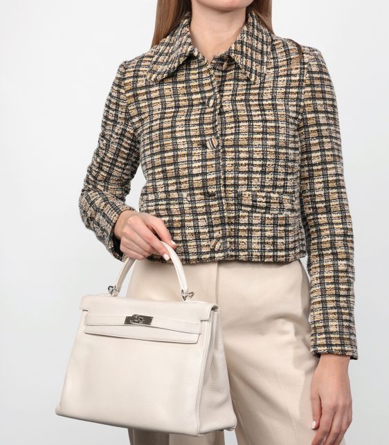 White Clemence Leather Kelly 32cm Retourne