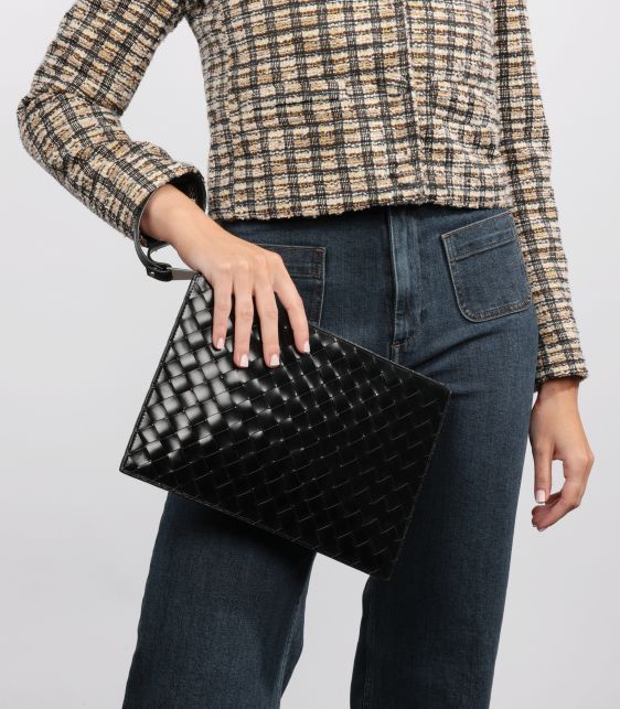 Black Woven Calfskin Leather Wristlet Pouch