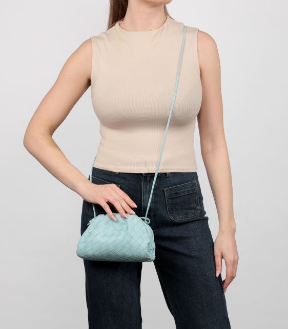Light Blue Intrecciato Woven Calfskin Leather Mini The Pouch