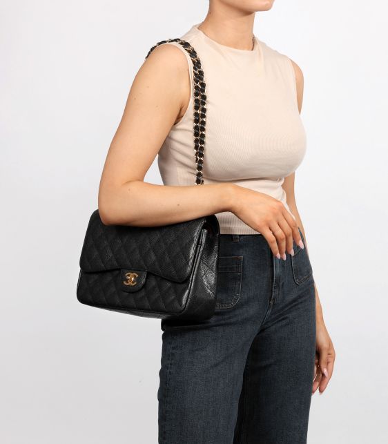 Black Quilted Caviar Leather Jumbo Classic Double Flap Bag