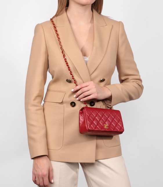 Red Quilted Lambskin Vintage Rectangular Mini Full Flap Bag