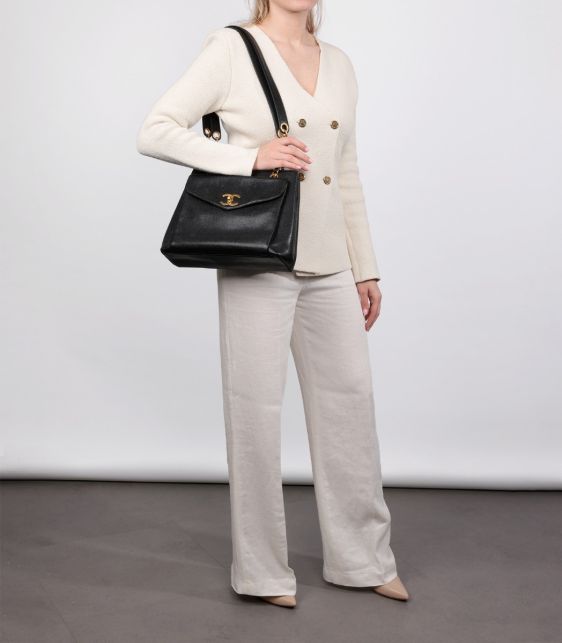 Black Caviar Leather Vintage Large XL Classic Shoulder Tote