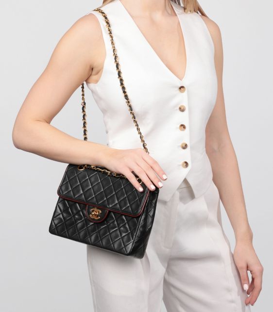 Black Quilted Lambskin Vintage Medium Classic Single Flap Bag with Red Trim
