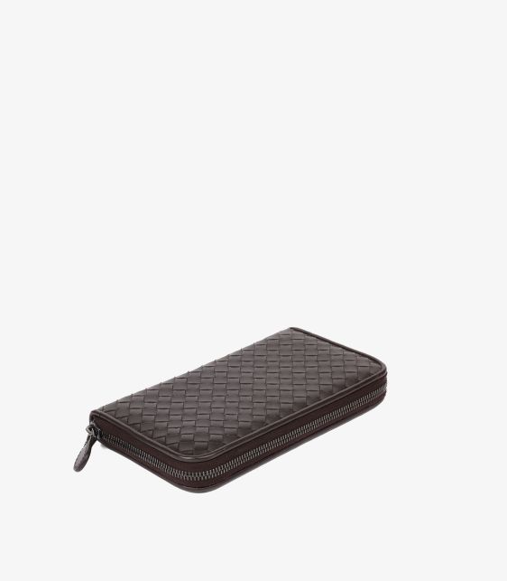 Brown Intrecciato Leather Long Zip Wallet