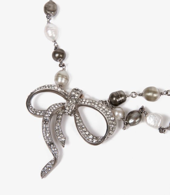 Silver Tone Metal Faux Pearl & Crystal Bow Chain Belt