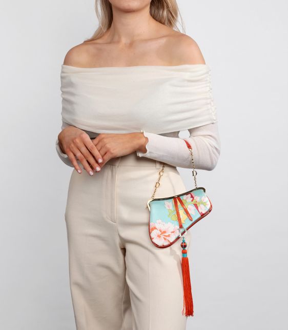 Light Blue Floral Silk & Red Patent Leather Vintage Tassel Mini Saddle Bag