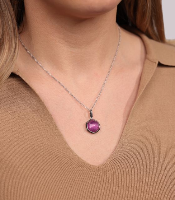 Ruby Quartz and Black Diamond 18ct White Gold Deco Haze Pendant