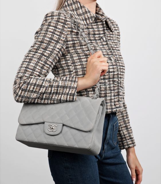 Grey Quilted Caviar Suede Jumbo Classic Double Flap Bag