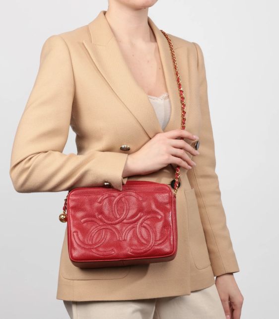 Red Caviar Leather Vintage Small Triple Logo Camera Bag