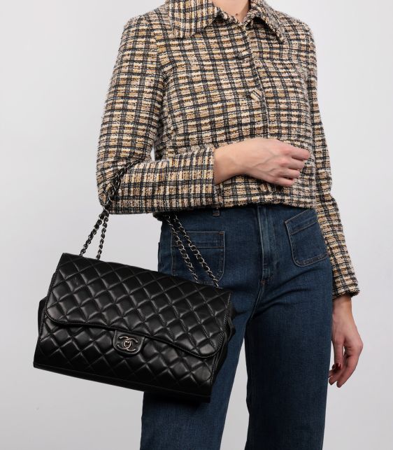 Black Quilted Lambskin Leather Jumbo 2-in-1 Drawstring Classic Single Flap Bag