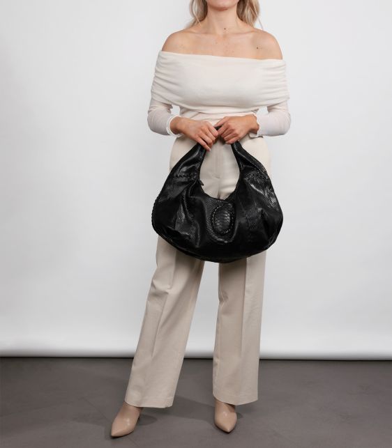 Black Python Belly Croquet Hobo Shoulder Bag
