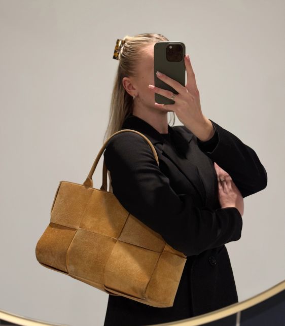 Camel Suede Intrecciato Medium Arco Tote