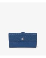 Blue Camellia Embossed Lambskin Leather Classic Long Wallet