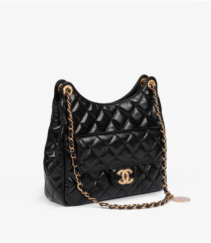 Chanel Pre-Owned Black Calfskin Leather Medium Hobo Bag CB1469 | Xupes