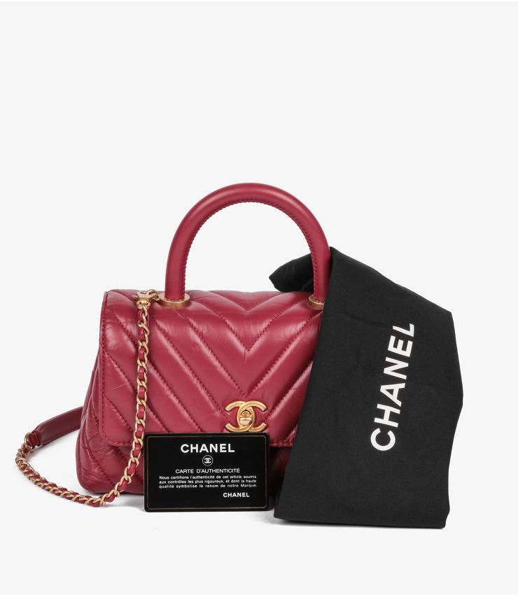 Red Chevron Aged Calfskin Leather Small Coco Top Handle